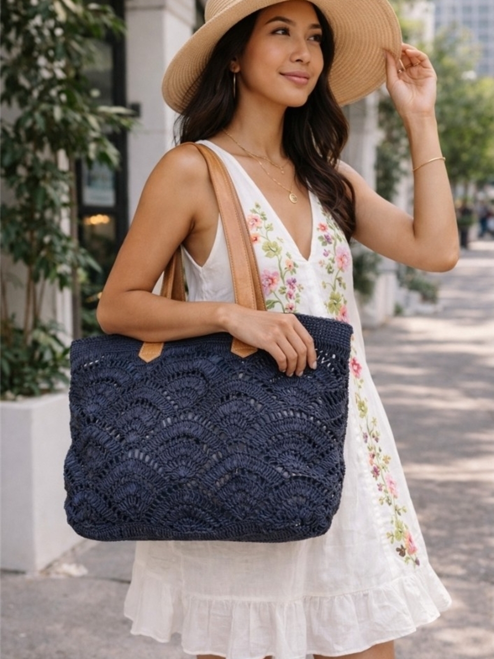 Mar Y Sol Tulum Navy Raffia Tote Handcrafted Crochet Beach Bag